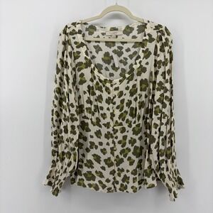 LOFT Women Large White Olive Green Leopard Print Rayon Button Front Blouse L